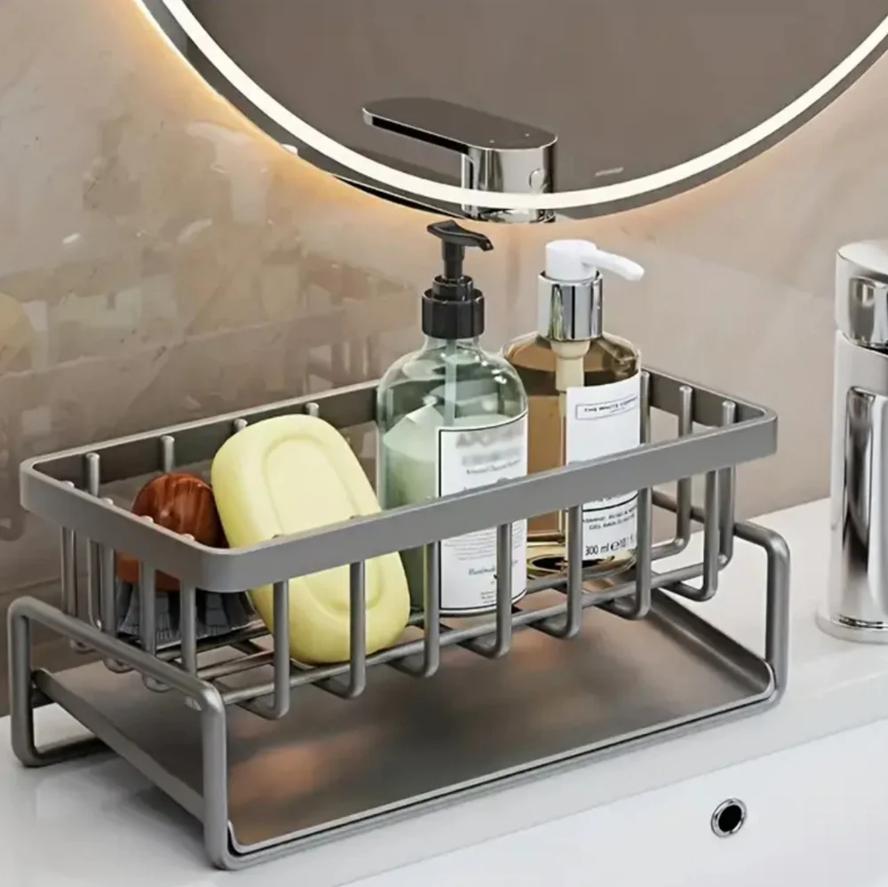 Gray Sink Caddy, Sponge Storage & Drain Rack With Dishcloth Holder